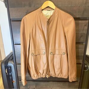 Vintage Tan Italian Leather Bomber Jacket 52 IT/16 US XL GUC